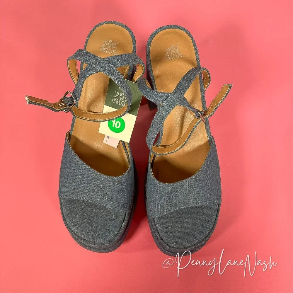 Wild Fable Chunky Block High Heels Denim Sandal Size10 Blue - Picture 3 of 11